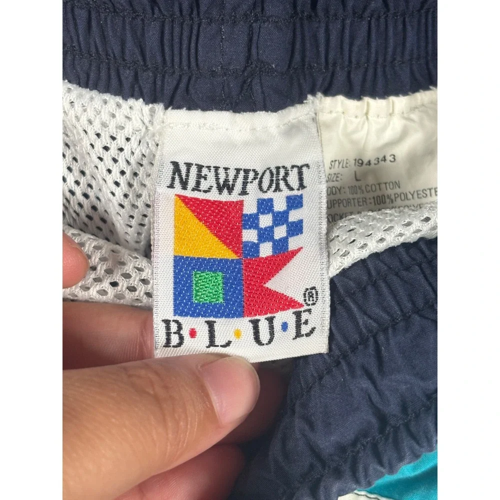 Newport Blue Mens Vintage Swim Trunks Teal Navy Striped Nautical Flags Large
